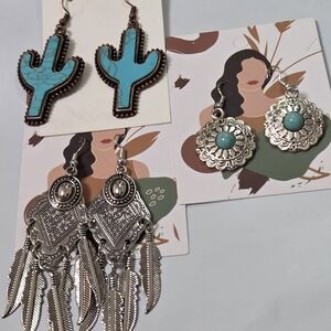 Faux Turquoise and Silver Cactus Earrings Set